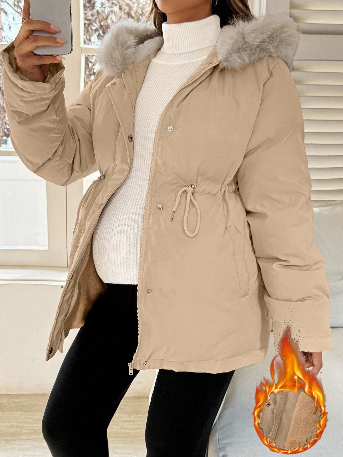Manteau de maternité kaki matelassé à capuche avec cordon de serrage et doublure thermique