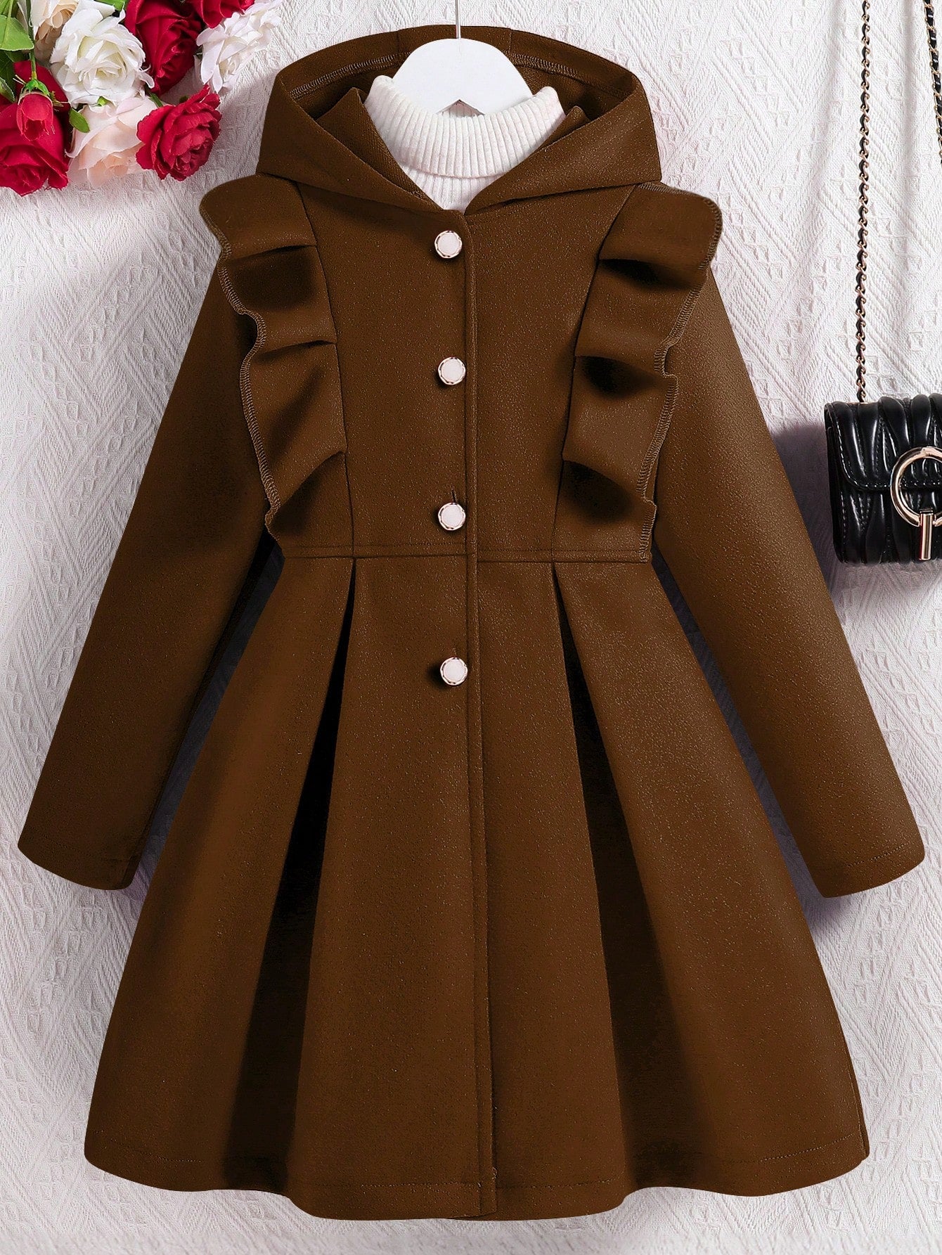 Girls' Red Ruffle Trim Hooded Overcoat
