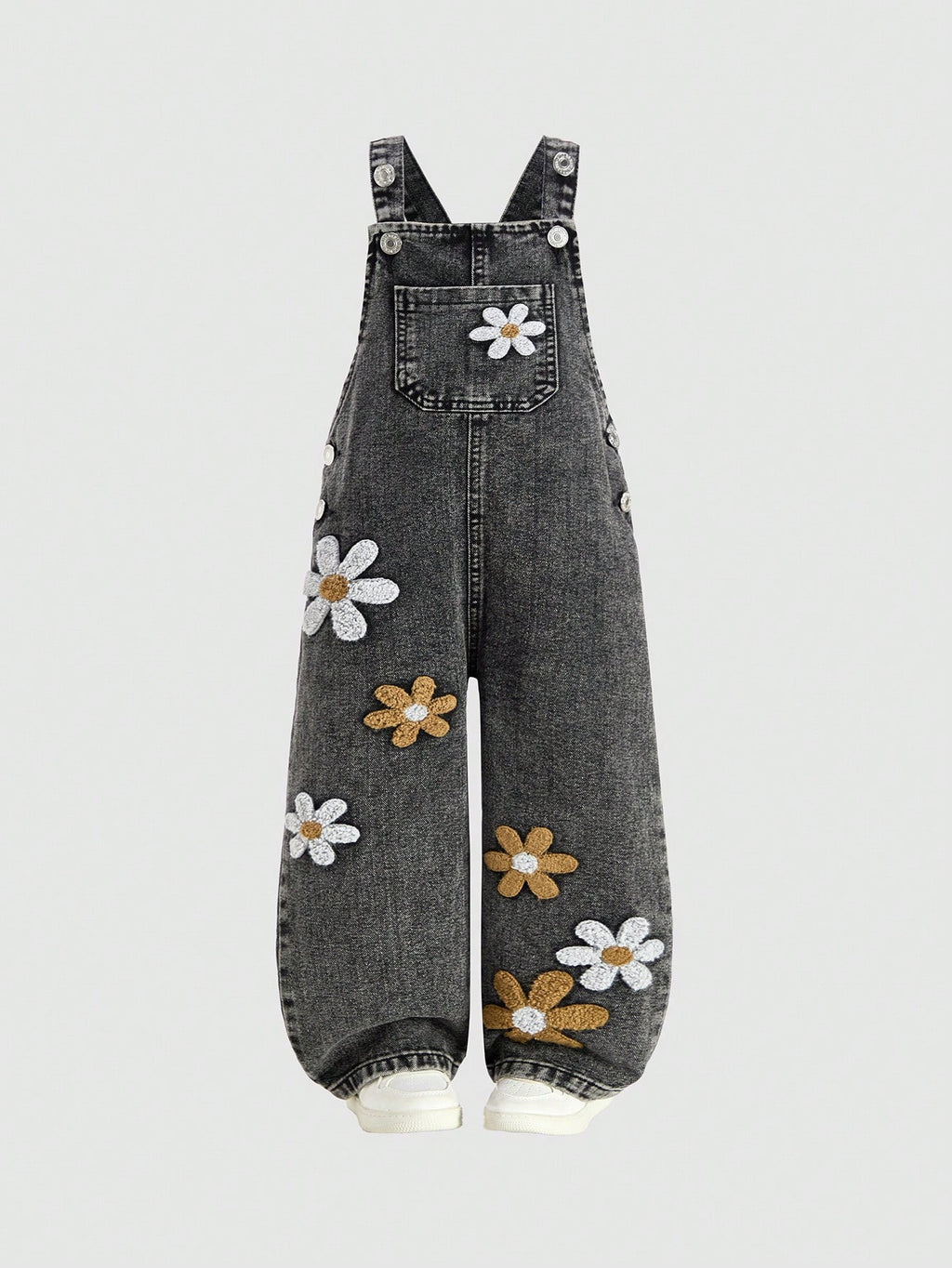 Young Girl 3D Floral Decor Denim Bib Overalls