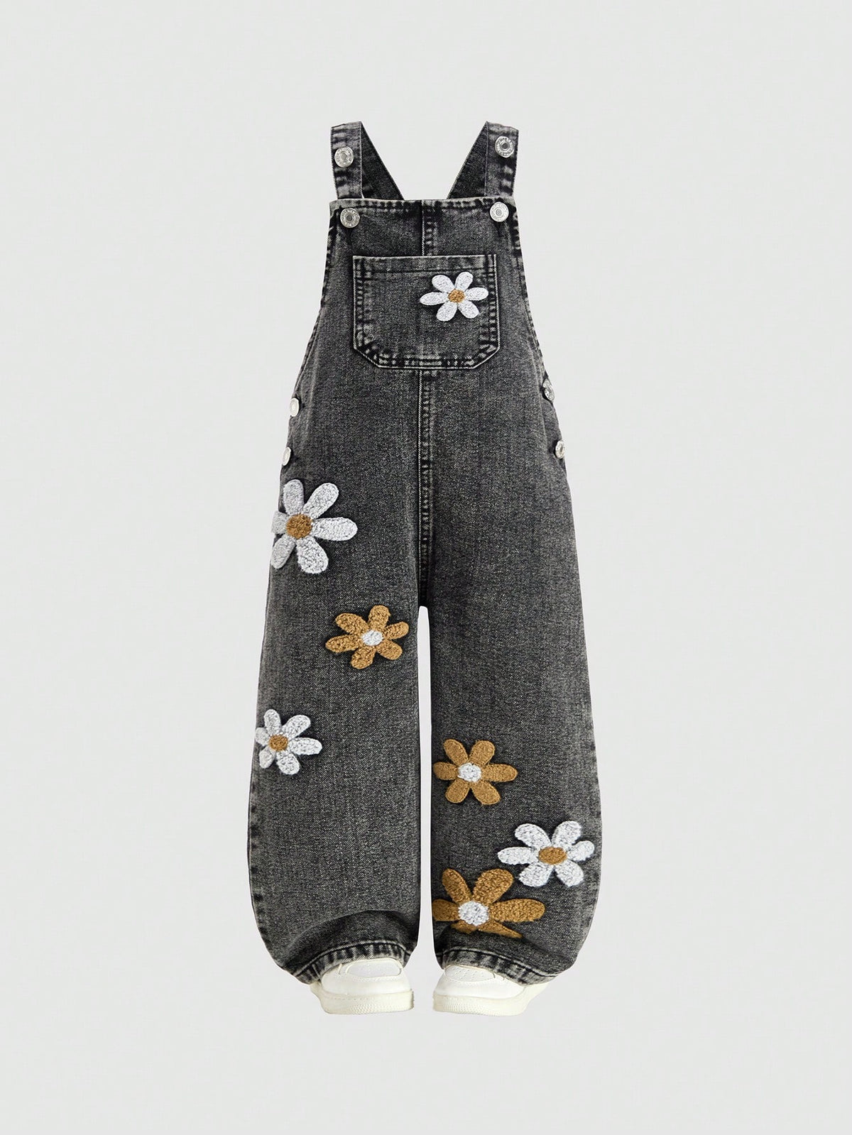 Young Girl 3D Floral Decor Denim Bib Overalls