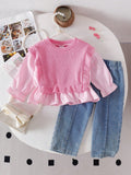 Baby Girl Striped Patchwork Long Sleeve Top Denim Pants Set