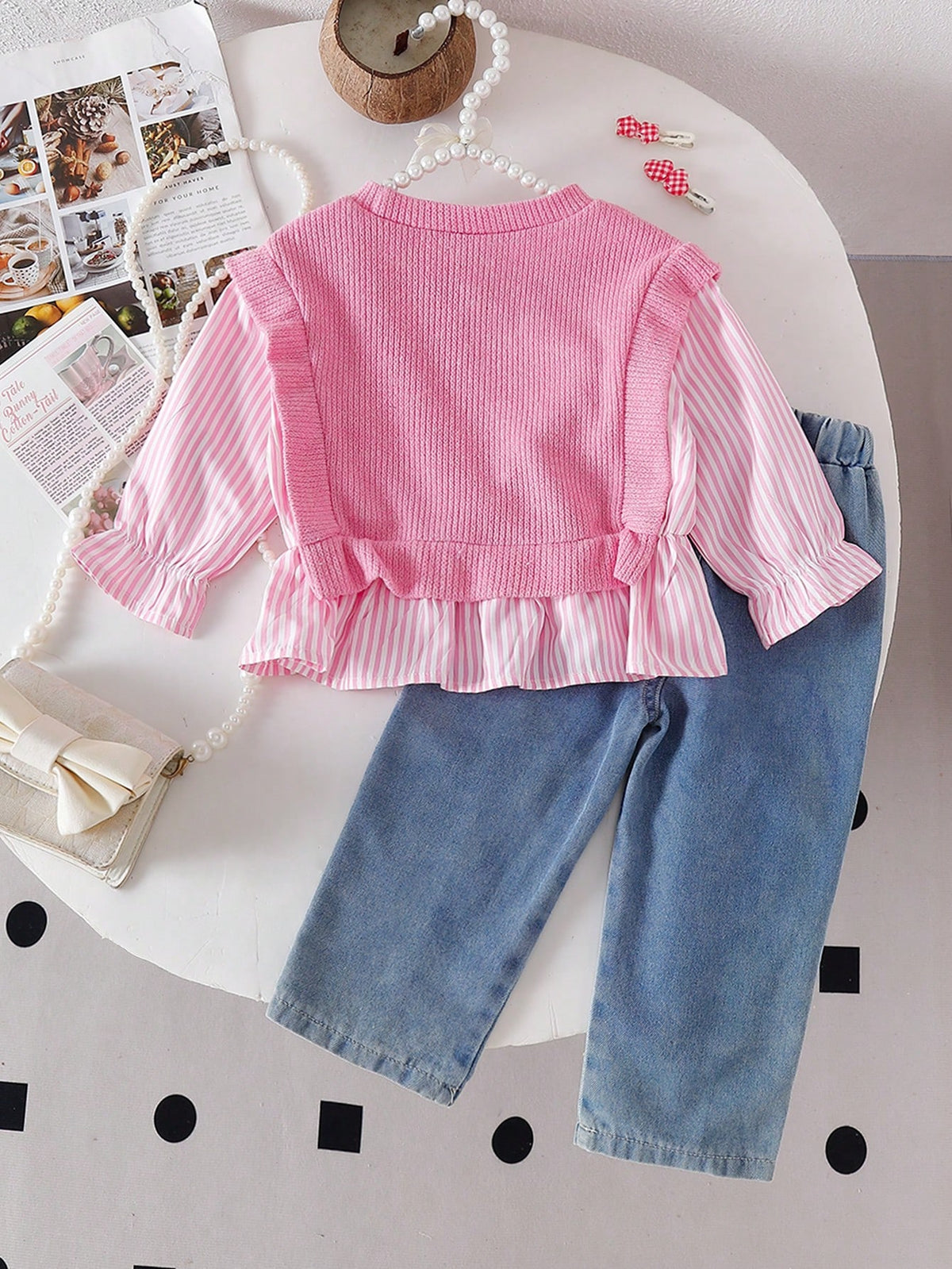 Baby Girl Striped Patchwork Long Sleeve Top Denim Pants Set