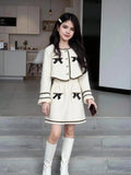 2pcs Girls Cream Bow Decor Long Sleeve Top And Pleated Skirt Set,Black And White,Autumn,School,Back-To-School,Elegant Casual Outfit For Party,Holiday Beige