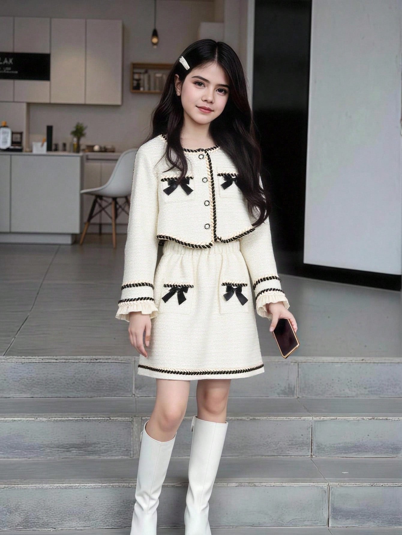 2pcs Girls Cream Bow Decor Long Sleeve Top And Pleated Skirt Set,Black And White,Autumn,School,Back-To-School,Elegant Casual Outfit For Party,Holiday Beige