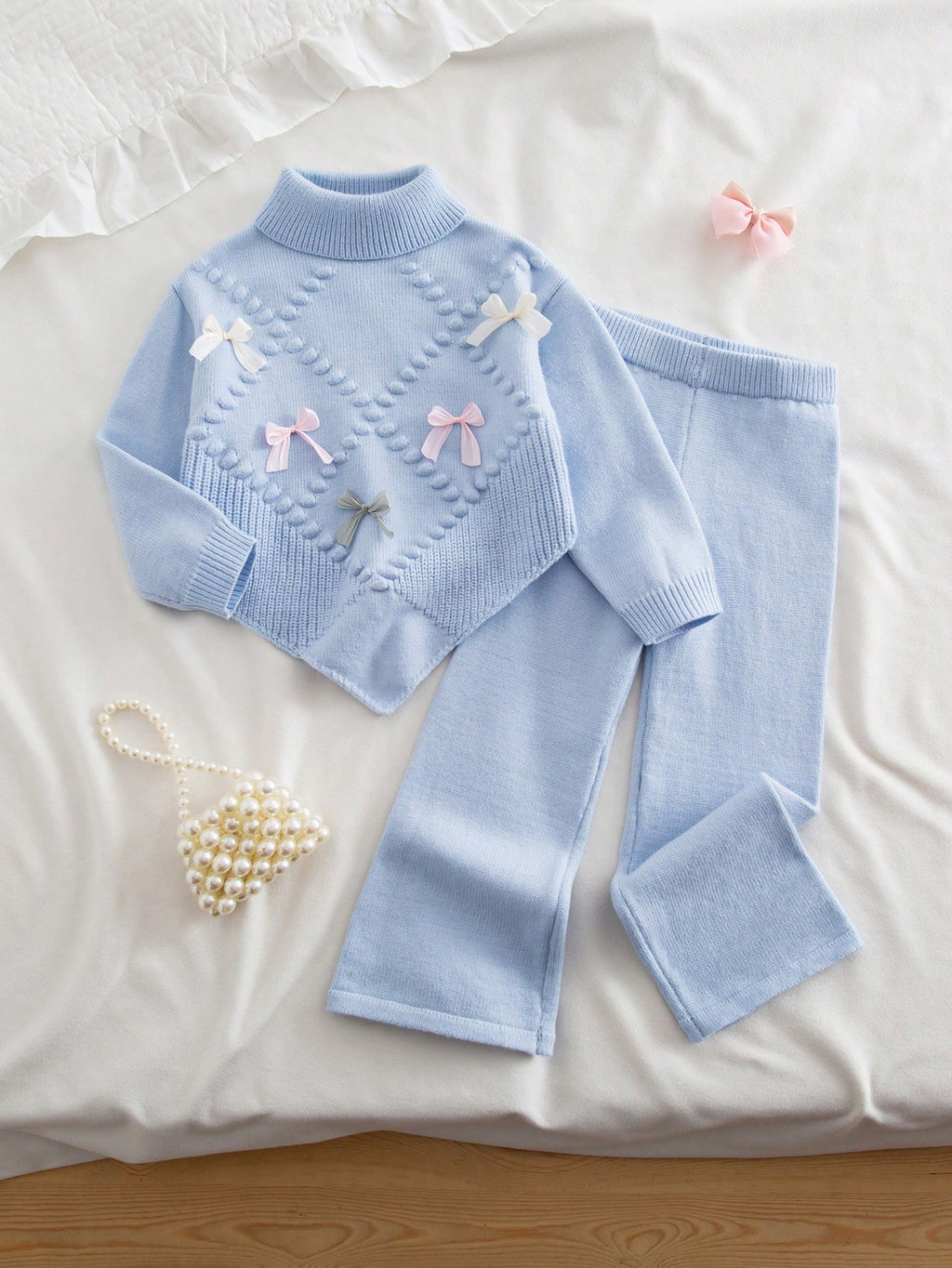 Ensemble 2 pièces pour jeune fille : pull en tricot à nœud floral et pantalon large