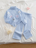 Ensemble 2 pièces pour jeune fille : pull en tricot à nœud floral et pantalon large