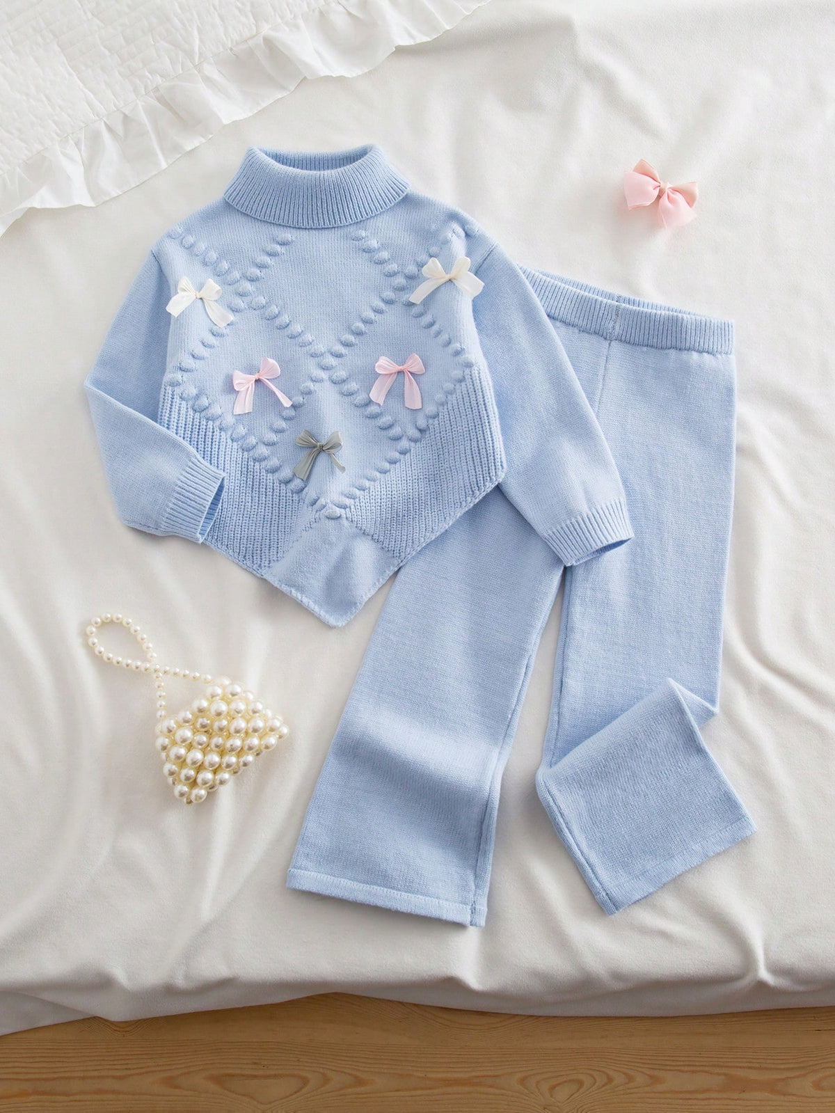 Ensemble 2 pièces pour jeune fille : pull en tricot à nœud floral et pantalon large