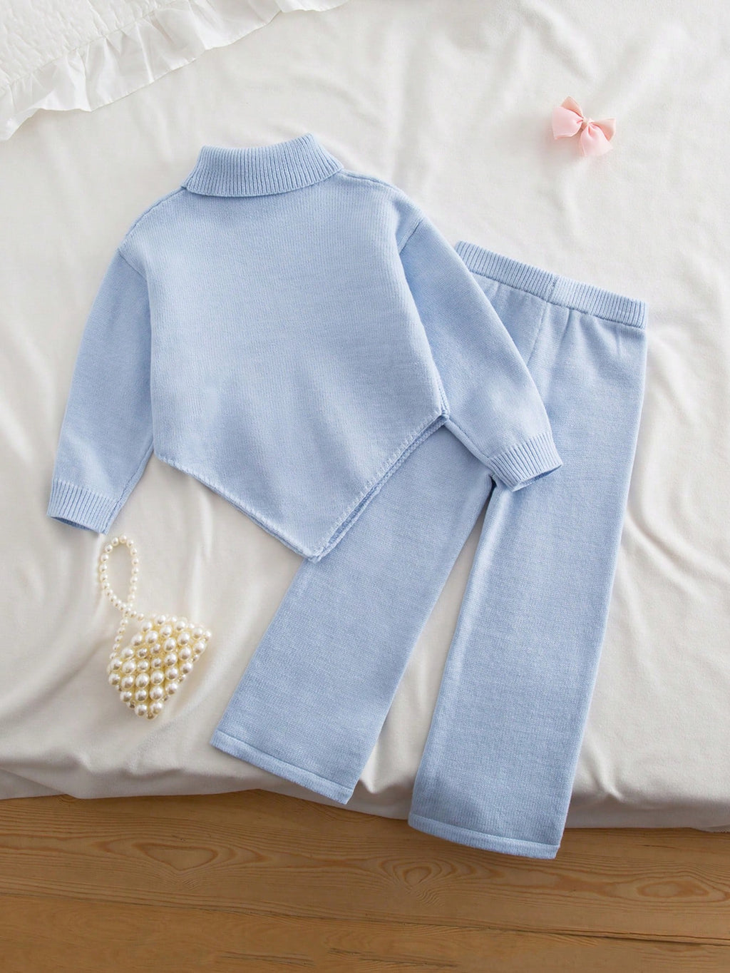 Ensemble 2 pièces pour jeune fille : pull en tricot à nœud floral et pantalon large