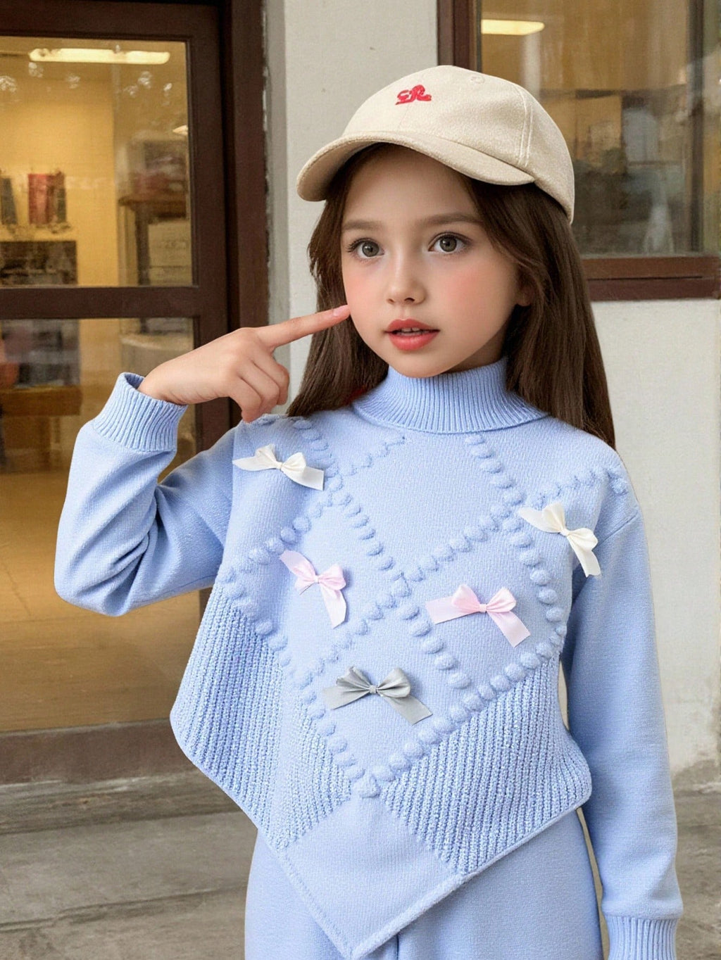 Ensemble 2 pièces pour jeune fille : pull en tricot à nœud floral et pantalon large
