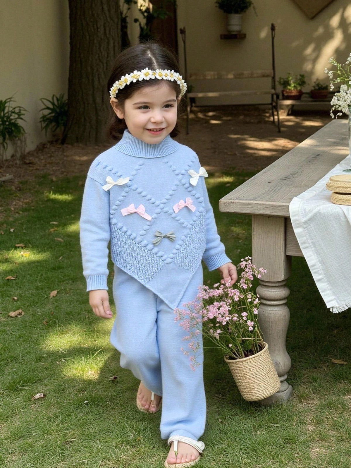 Ensemble 2 pièces pour jeune fille : pull en tricot à nœud floral et pantalon large