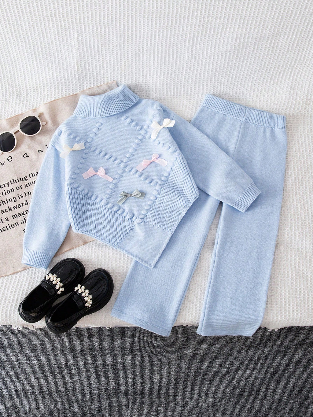 Ensemble 2 pièces pour jeune fille : pull en tricot à nœud floral et pantalon large