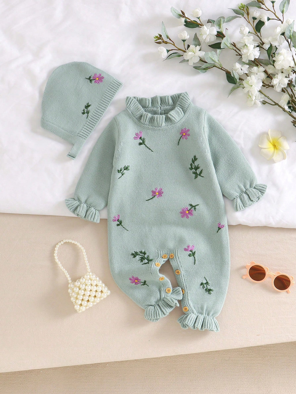 Vintaside Baby Girl Dusty Green Floral Romper Set Mint Green