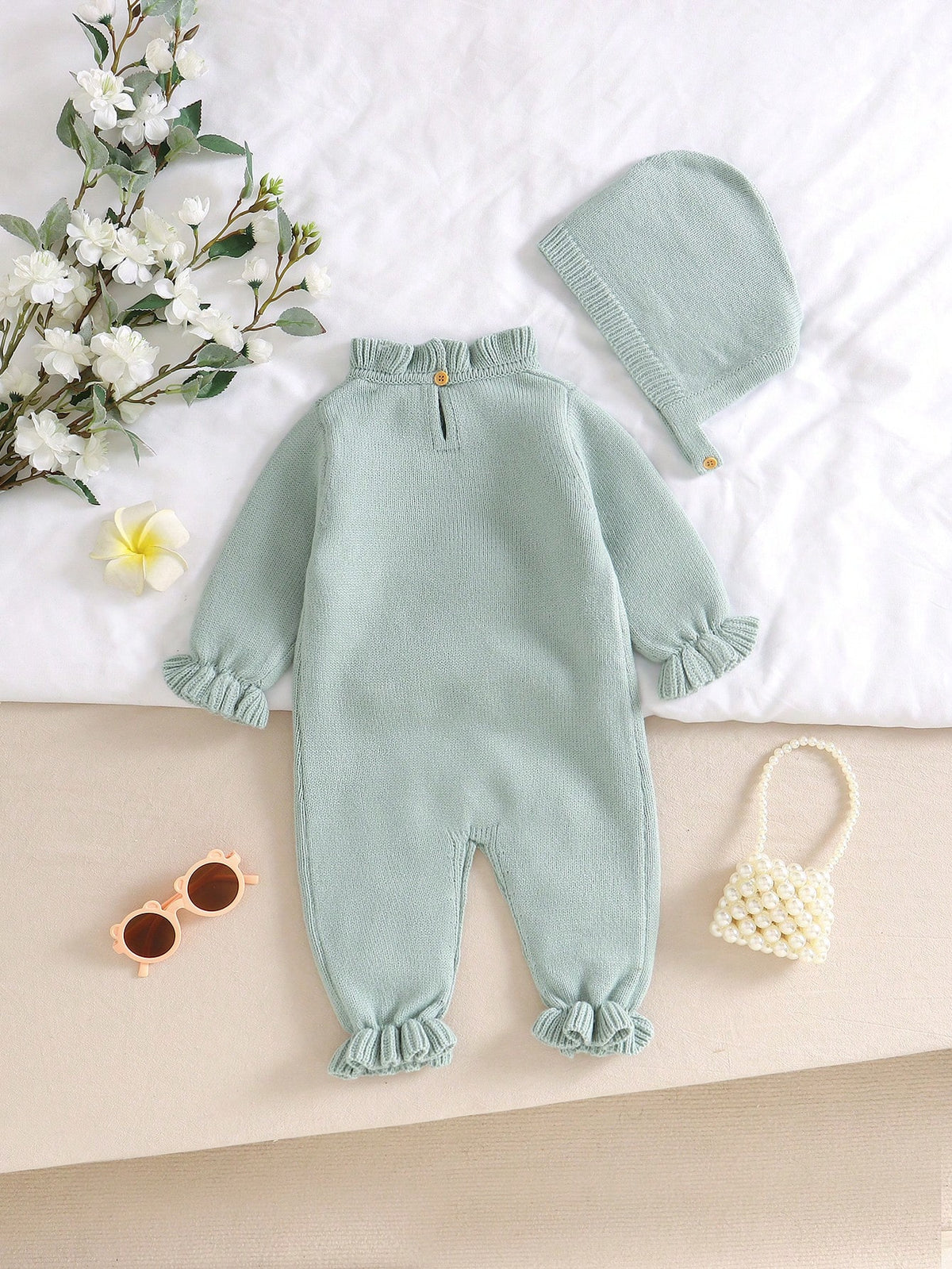 Vintaside Baby Girl Dusty Green Floral Romper Set Mint Green