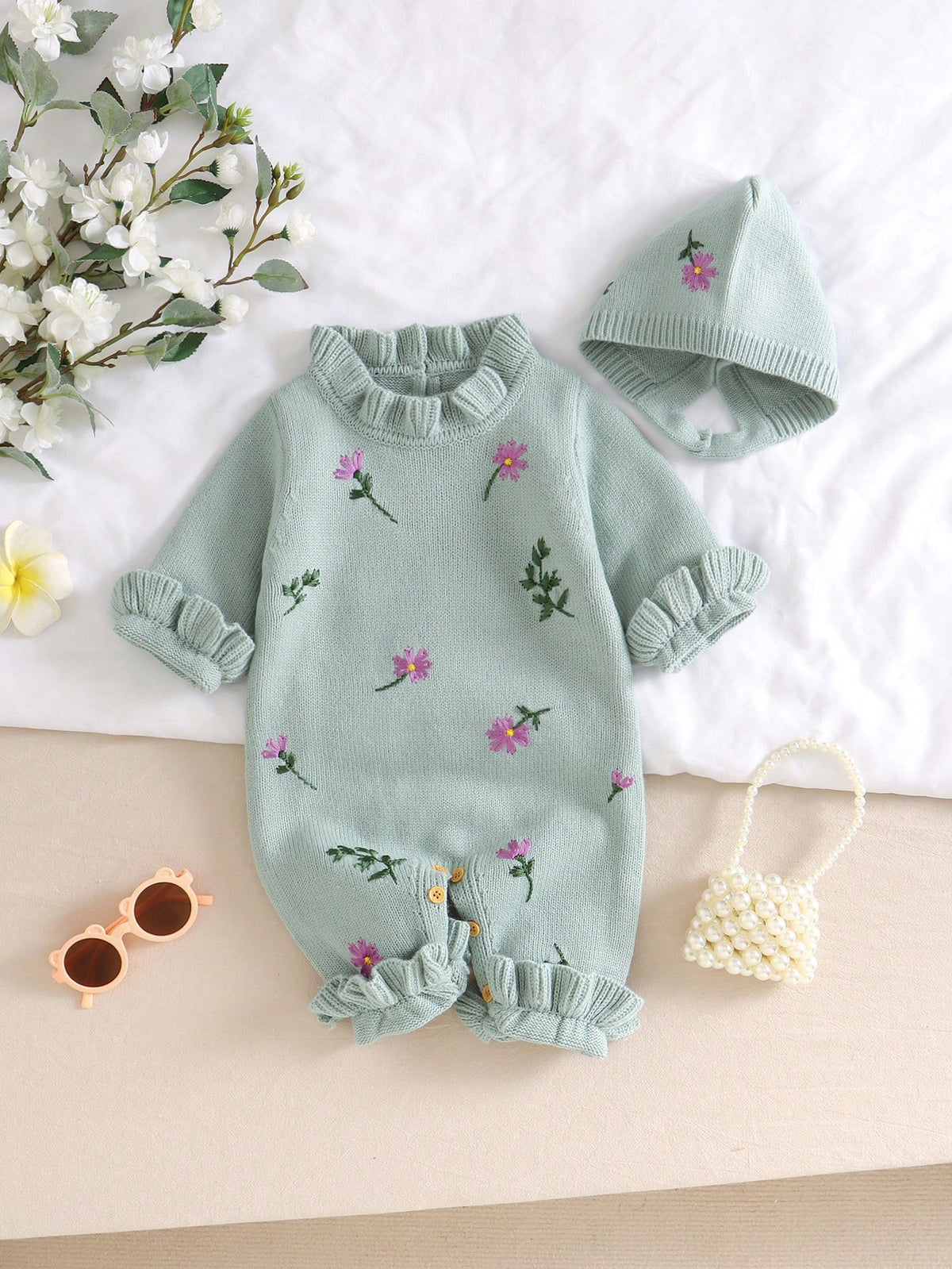 Vintaside Baby Girl Dusty Green Floral Romper Set Mint Green