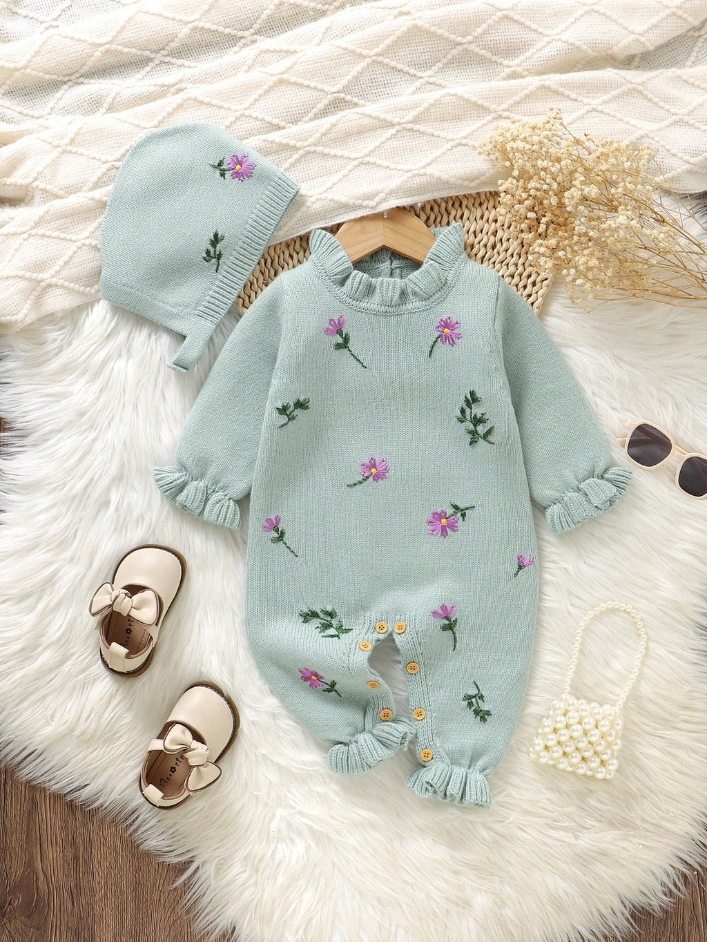 Vintaside Baby Girl Dusty Green Floral Romper Set Mint Green