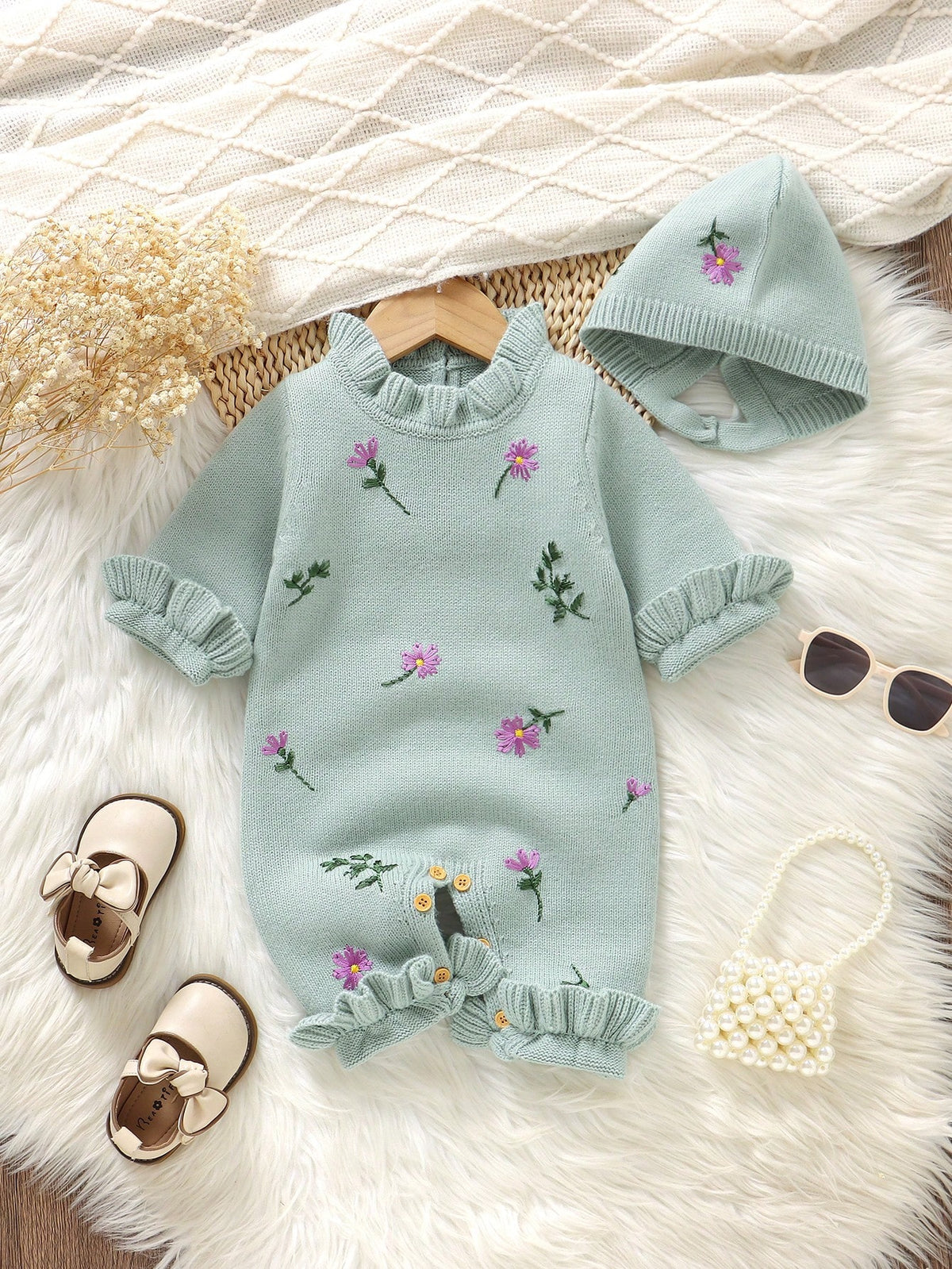 Vintaside Baby Girl Dusty Green Floral Romper Set Mint Green