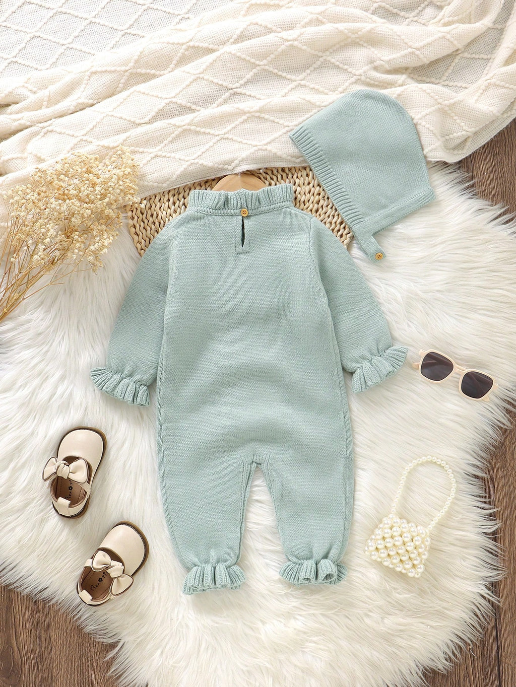 Vintaside Baby Girl Dusty Green Floral Romper Set Mint Green