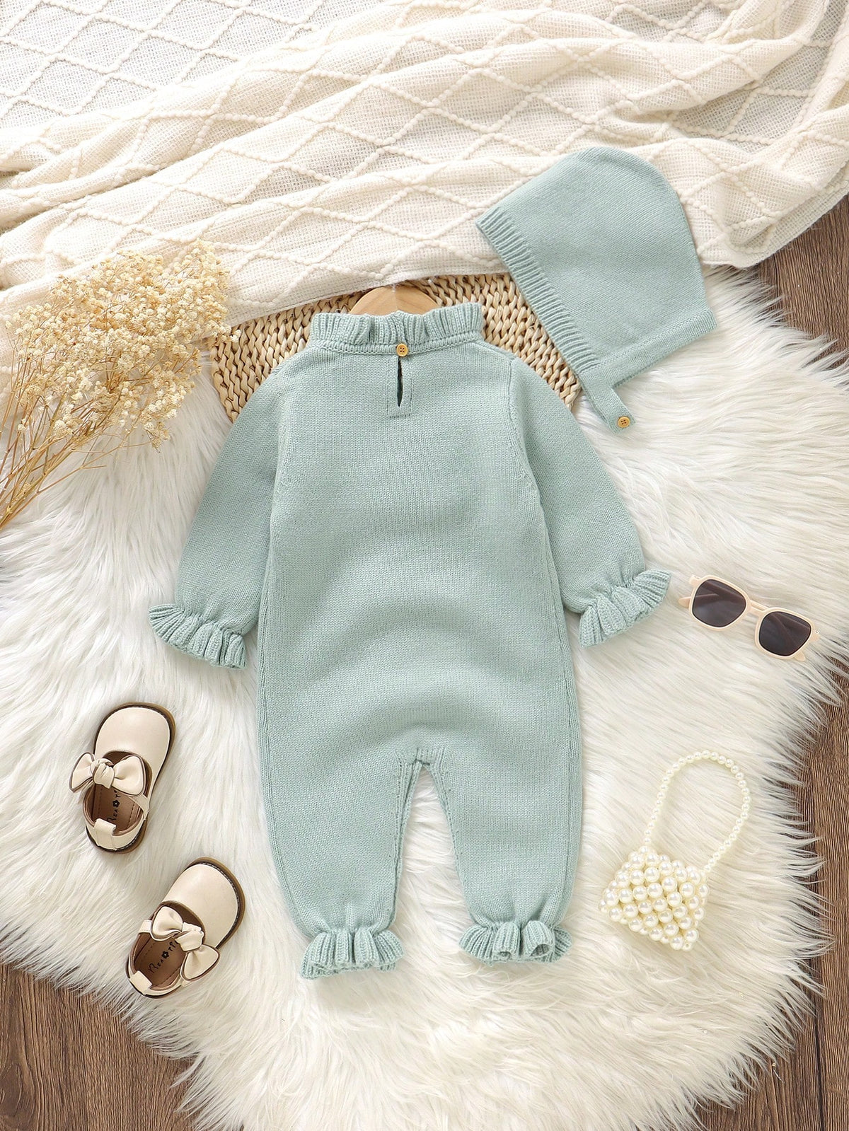 Vintaside Baby Girl Dusty Green Floral Romper Set Mint Green