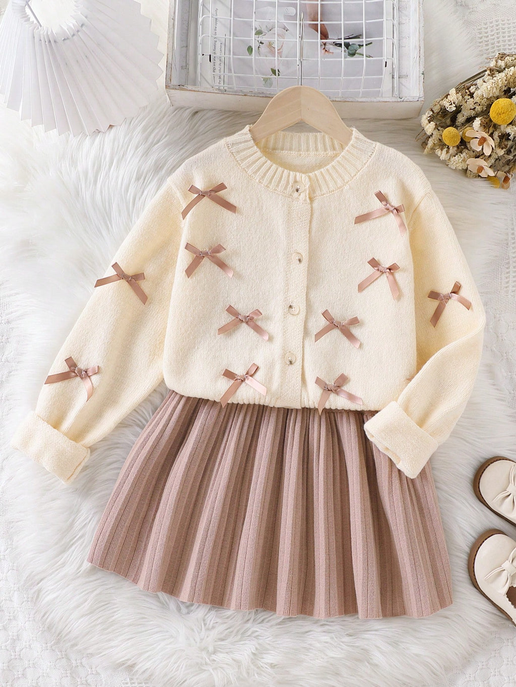 Ensemble Fille Pull Nœud Pois Rose & Jupe Plissée