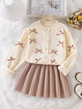 Ensemble Fille Pull Nœud Pois Rose & Jupe Plissée