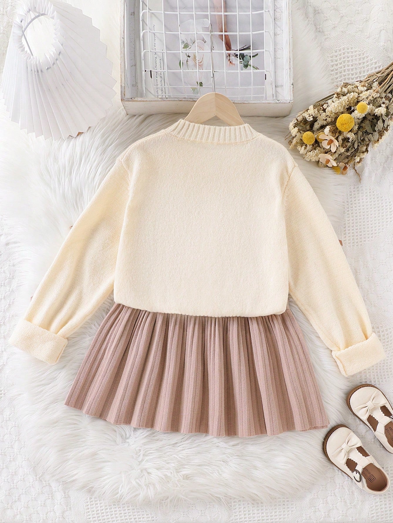 Ensemble Fille Pull Nœud Pois Rose & Jupe Plissée