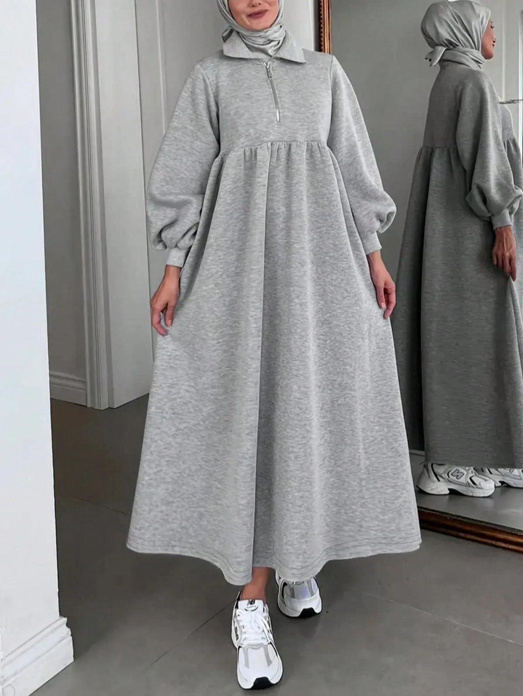 Solid Color Half Zip Casual Loose Long Sleeve Arabic Robe Spring Fall Grey