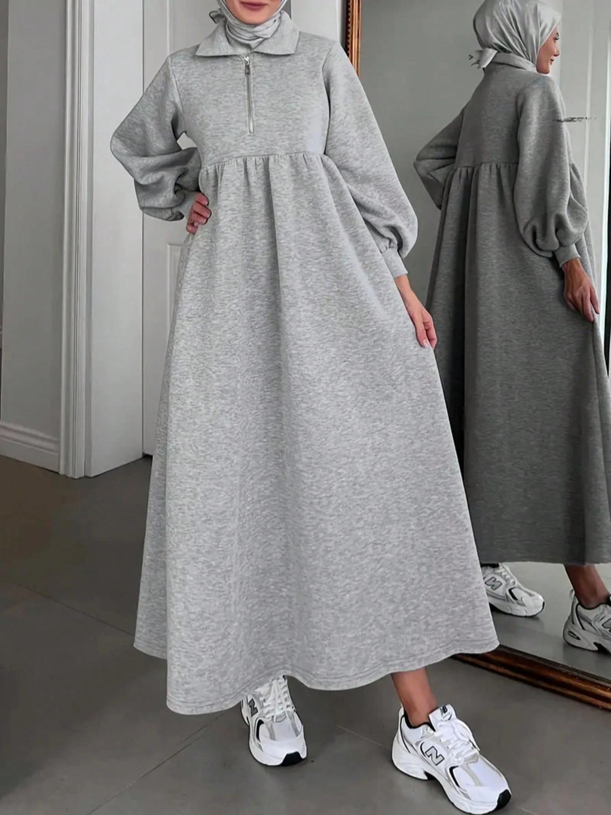 Solid Color Half Zip Casual Loose Long Sleeve Arabic Robe Spring Fall Grey