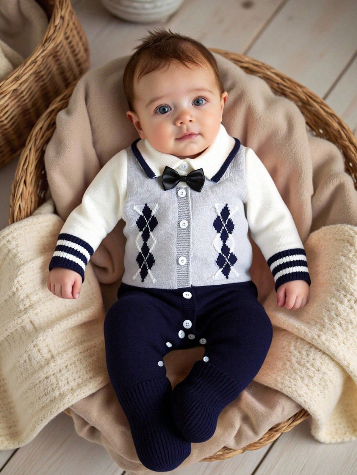 Baby Boy Royal Blue Diamond Knitted Romper