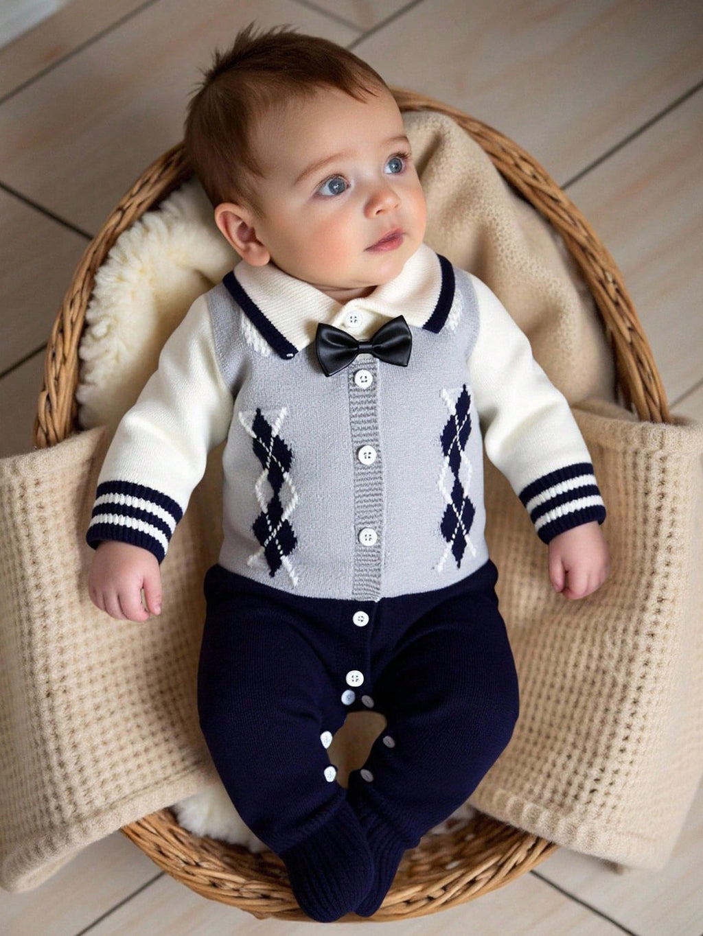 Baby Boy Royal Blue Diamond Knitted Romper