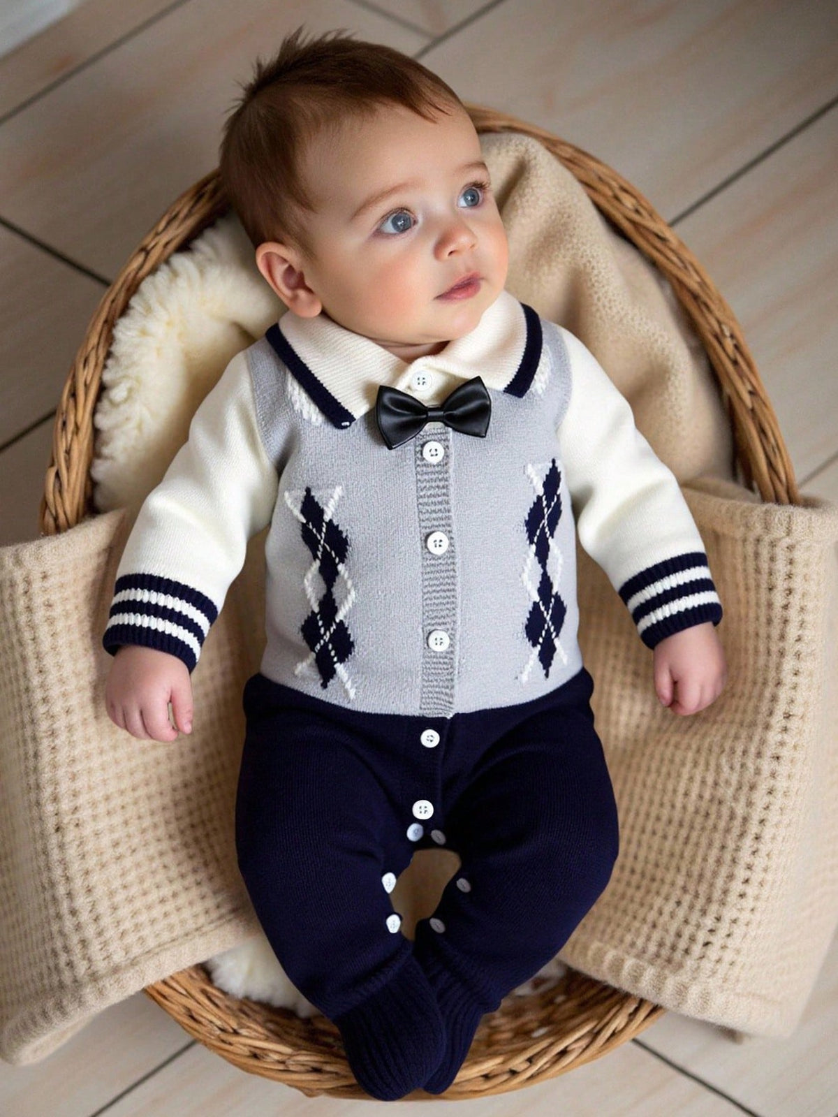 Baby Boy Royal Blue Diamond Knitted Romper