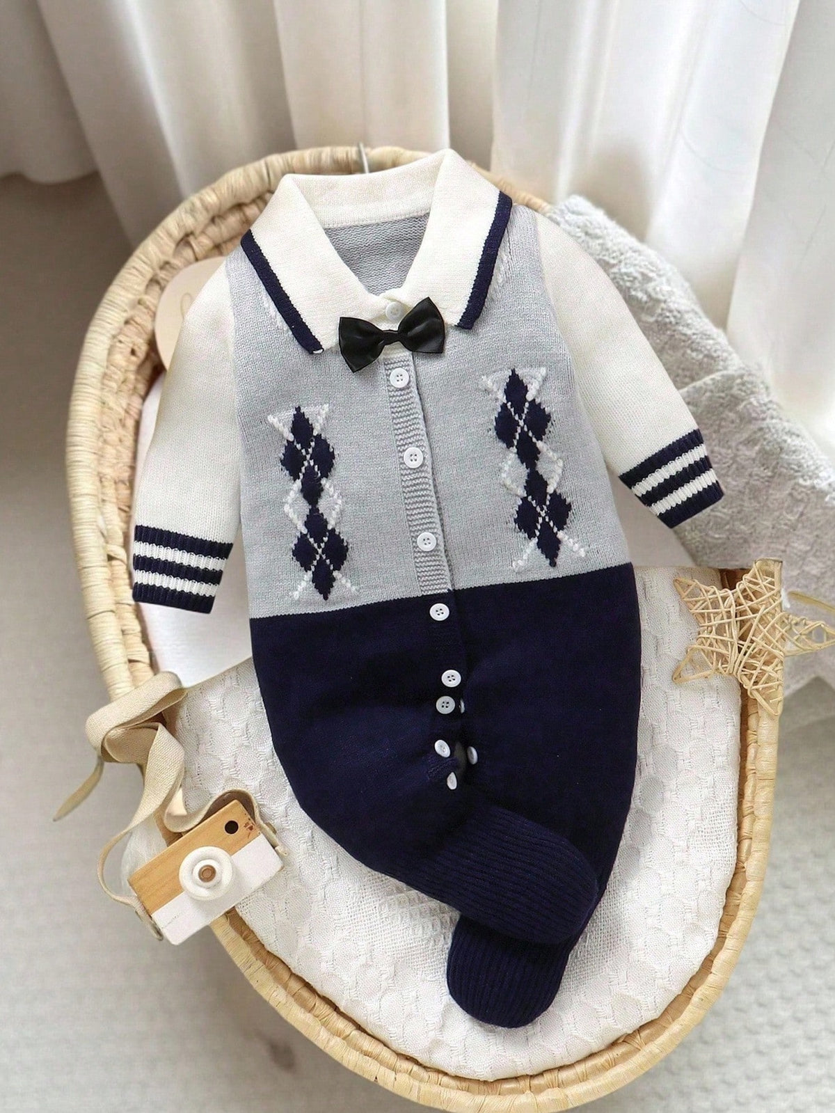 Baby Boy Royal Blue Diamond Knitted Romper