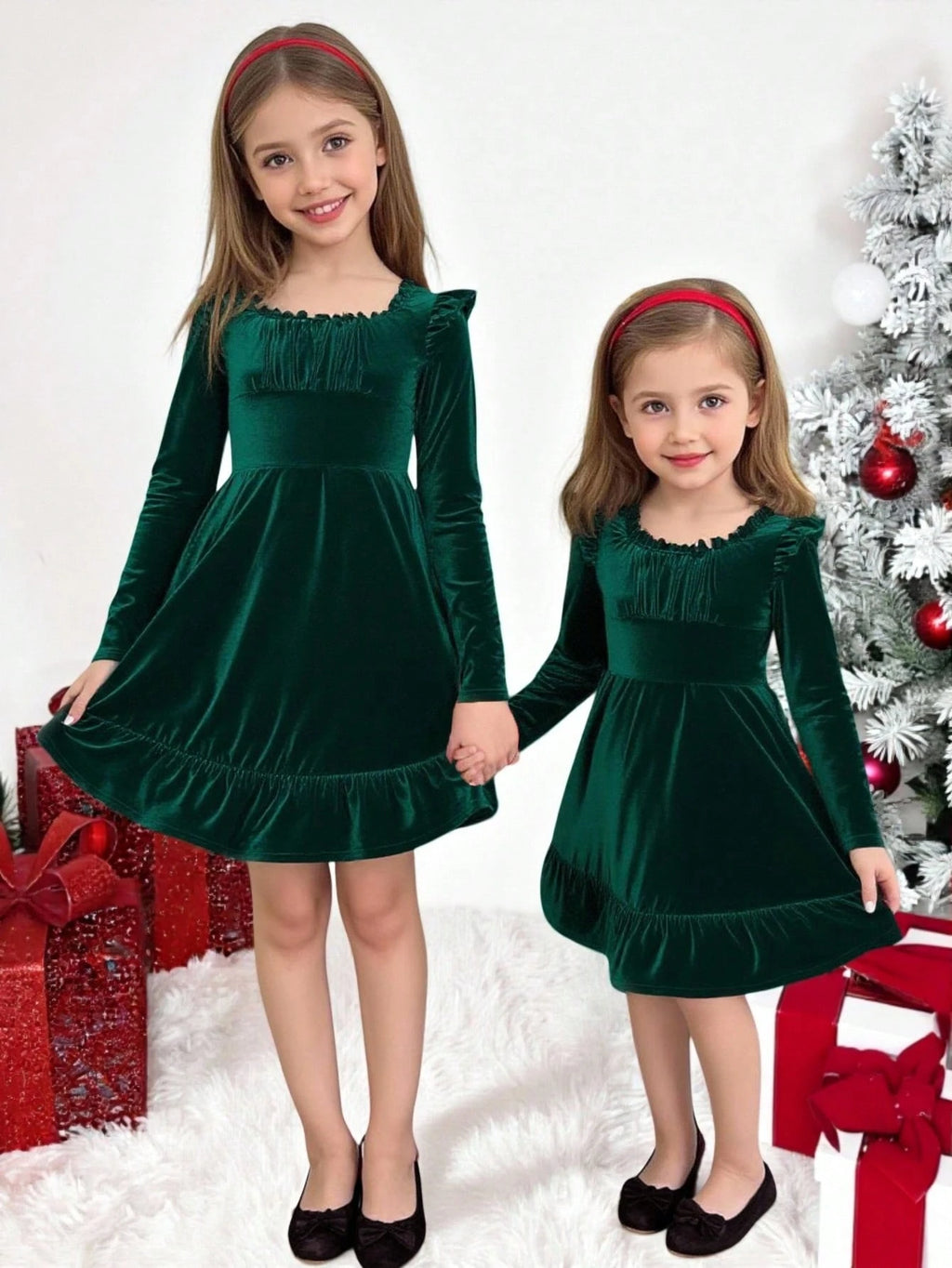 Girls' Dark Green Velvet Ruffle Dress