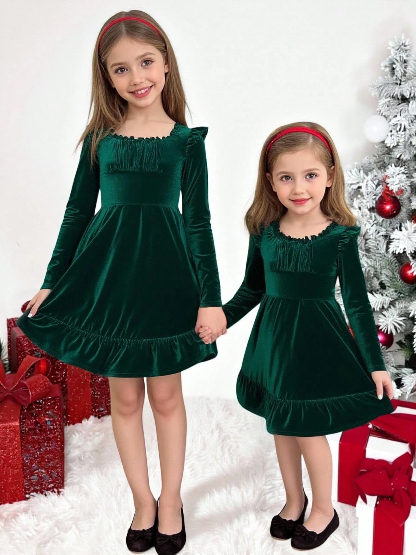 Girls' Dark Green Velvet Ruffle Dress