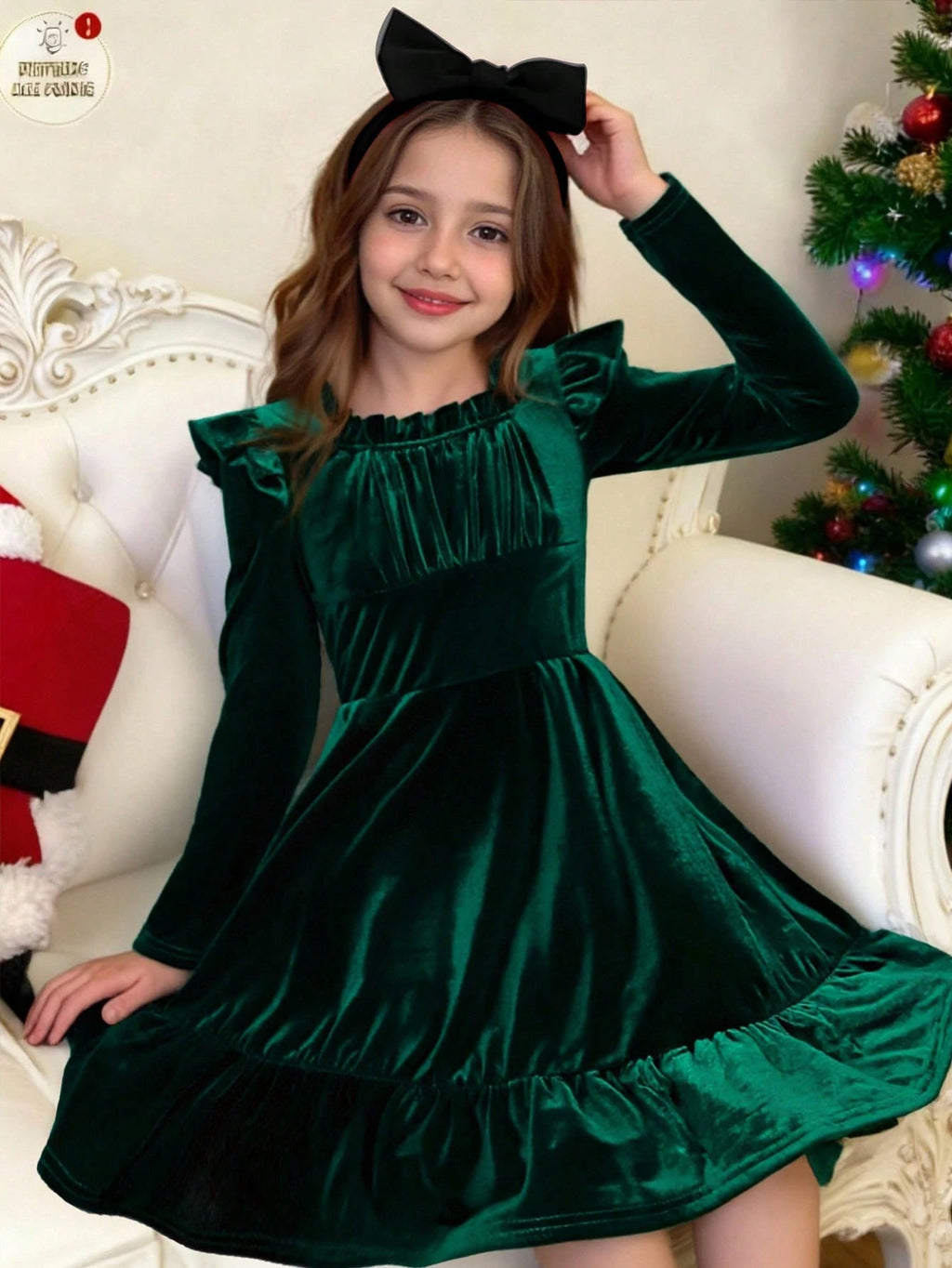 Girls' Dark Green Velvet Ruffle Dress
