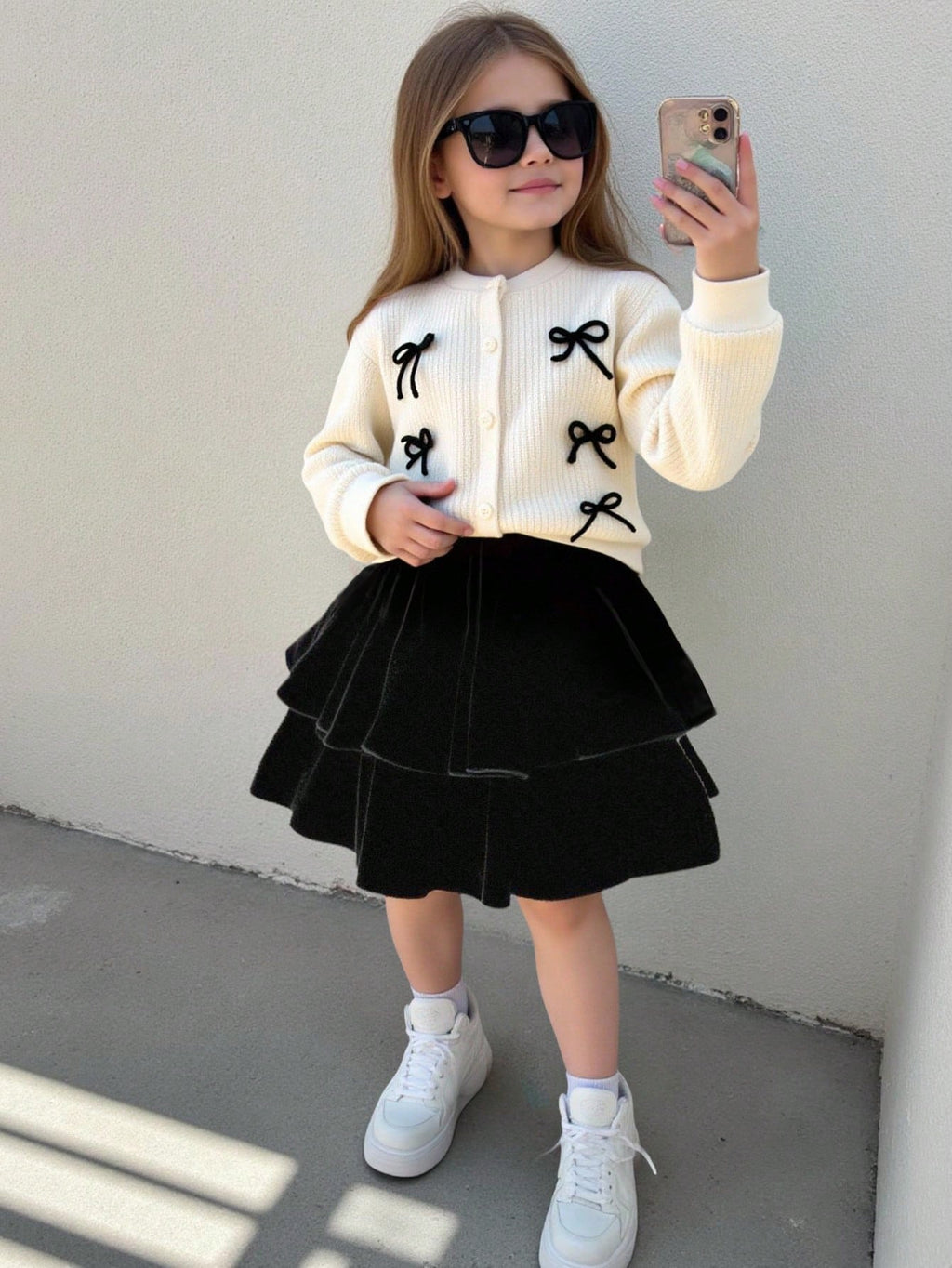 Young Girl Bow Decor Cardigan Jacket Skirt 2 Piece Set Apricot