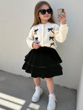 Young Girl Bow Decor Cardigan Jacket Skirt 2 Piece Set Apricot