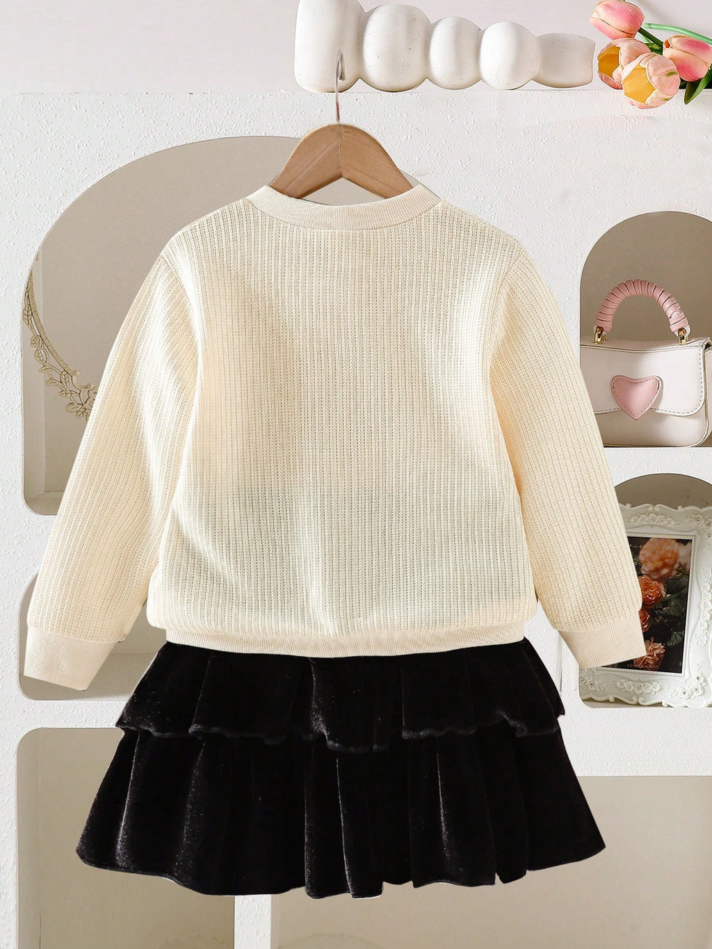 Young Girl Bow Decor Cardigan Jacket Skirt 2 Piece Set Apricot