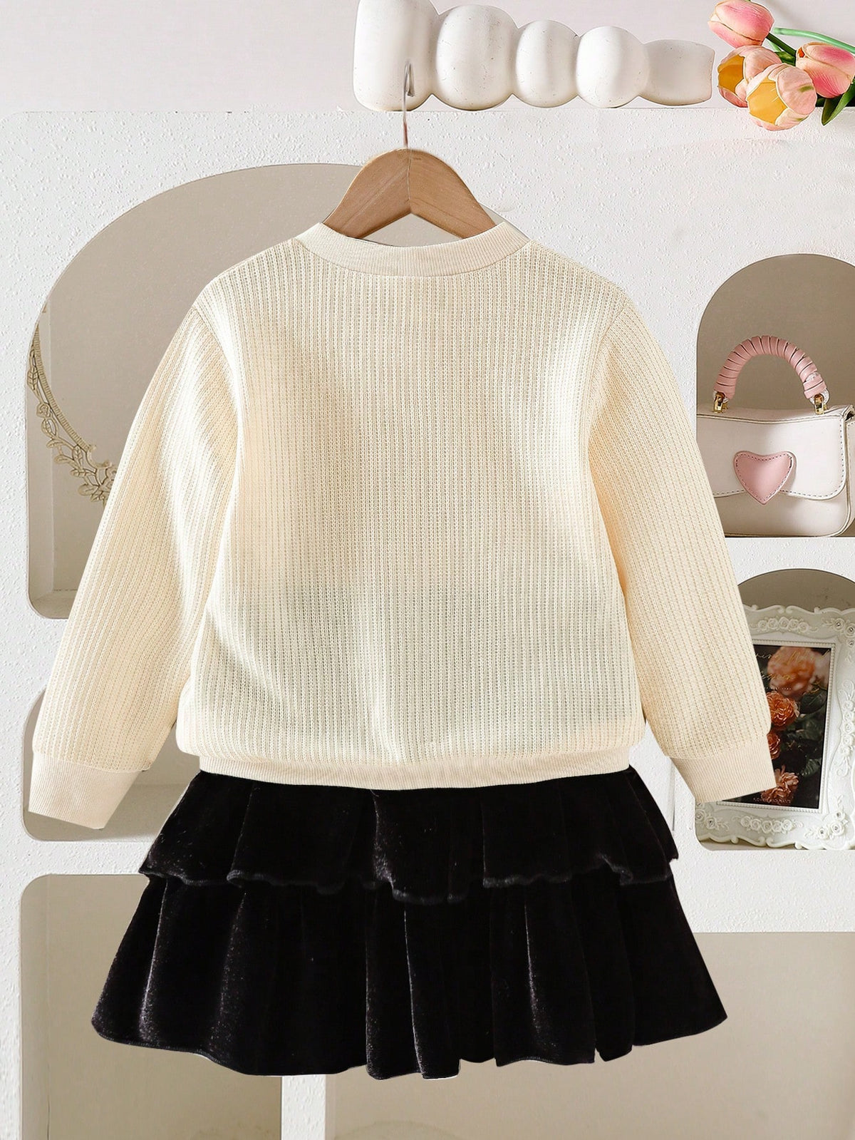 Young Girl Bow Decor Cardigan Jacket Skirt 2 Piece Set Apricot