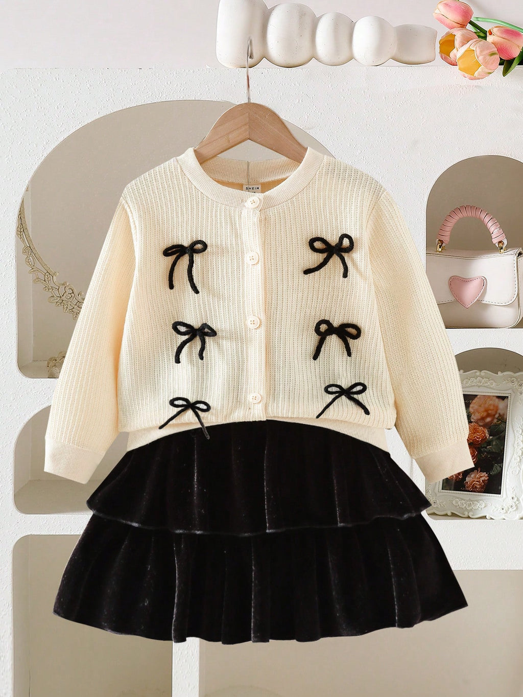 Young Girl Bow Decor Cardigan Jacket Skirt 2 Piece Set Apricot