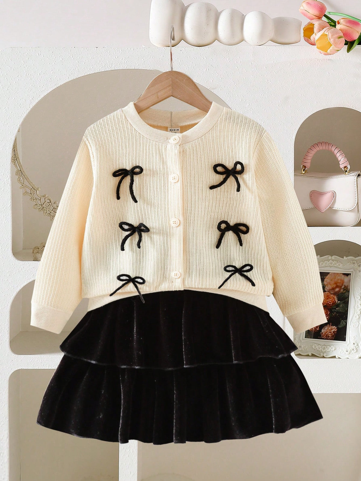 Young Girl Bow Decor Cardigan Jacket Skirt 2 Piece Set Apricot