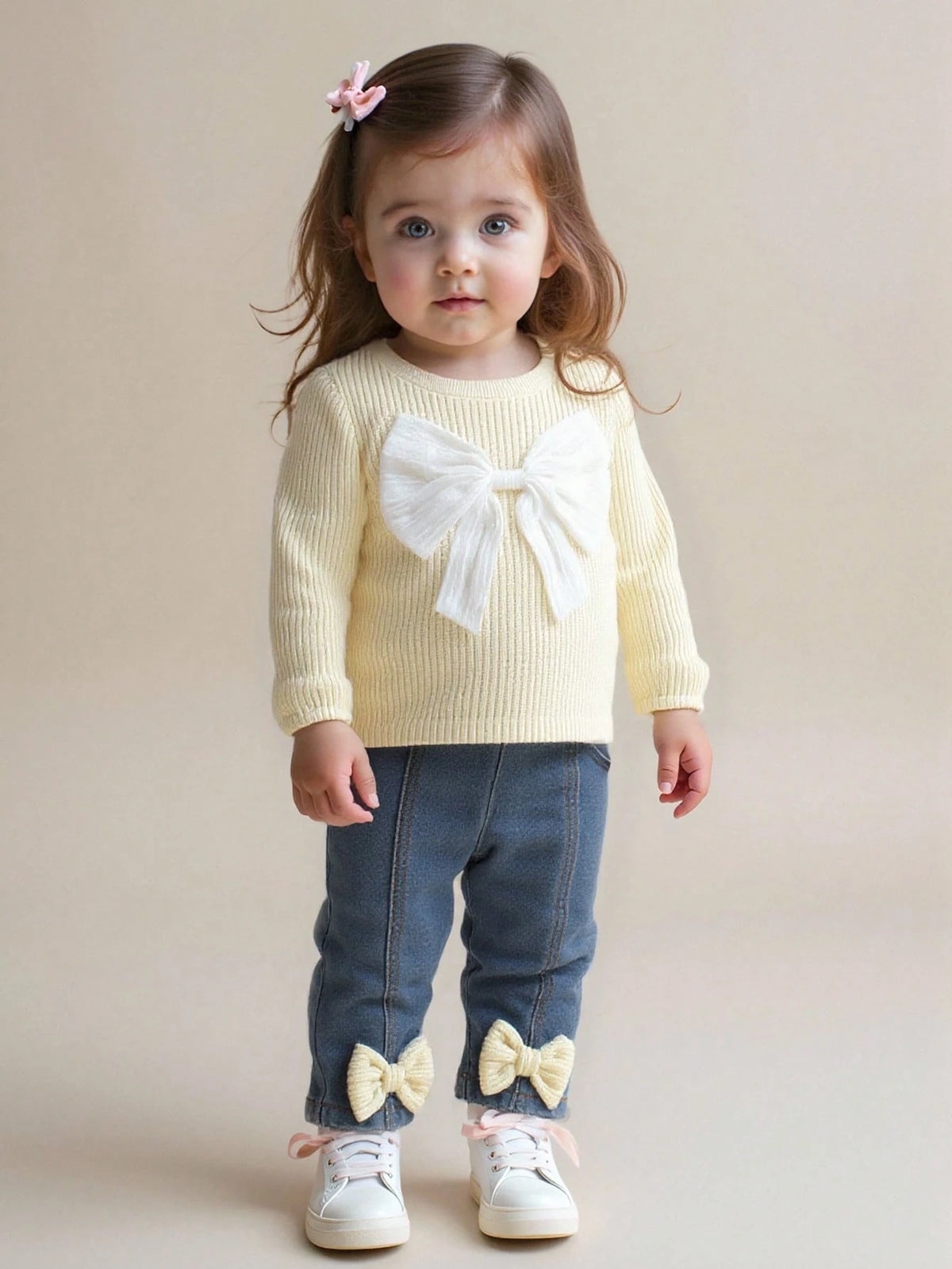 Baby Girl Bow Decor Long Sleeve Top Jeans 2 Piece Set