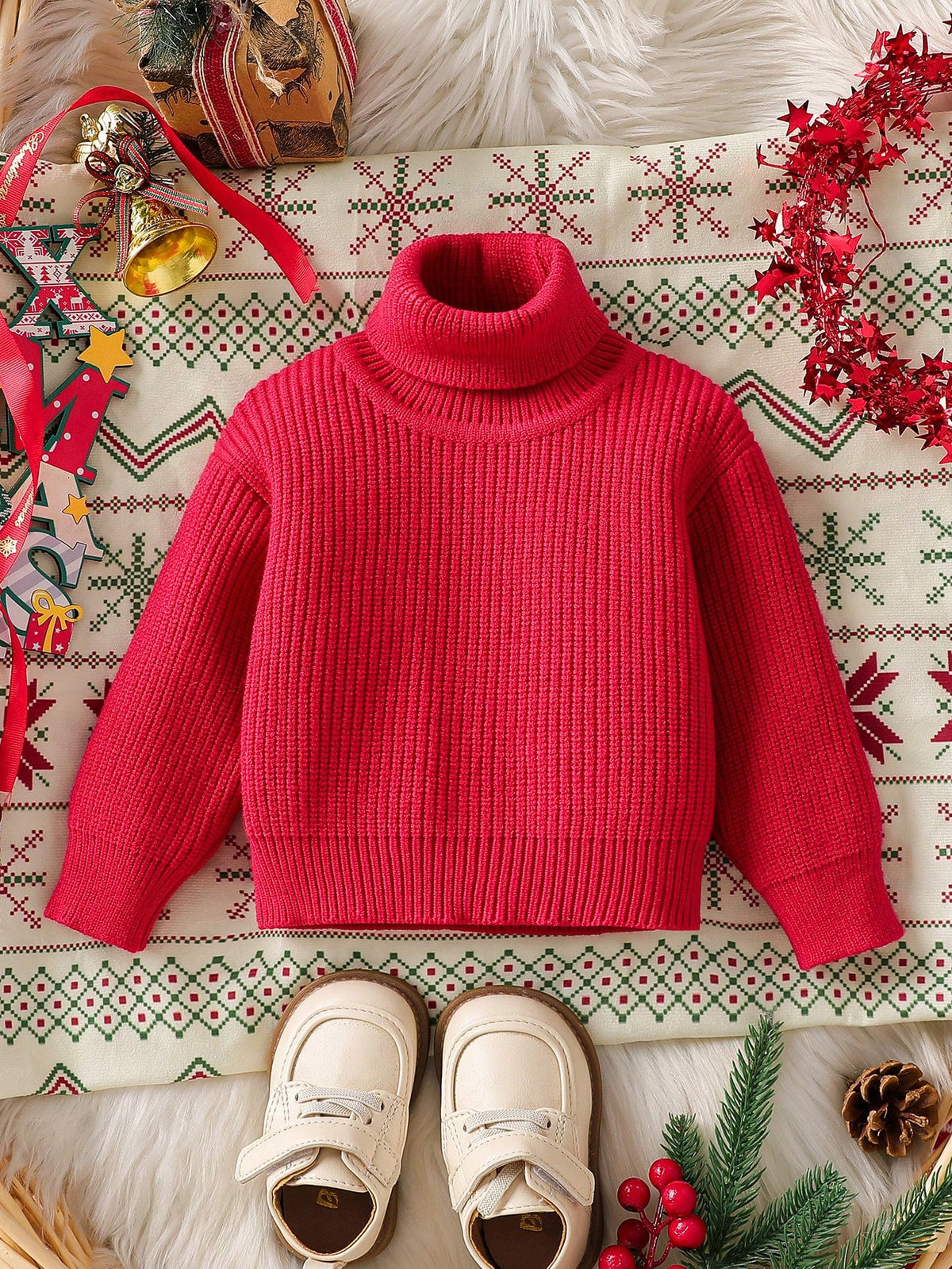 Baby Girls' Solid Color Turtleneck Knit Sweater Red