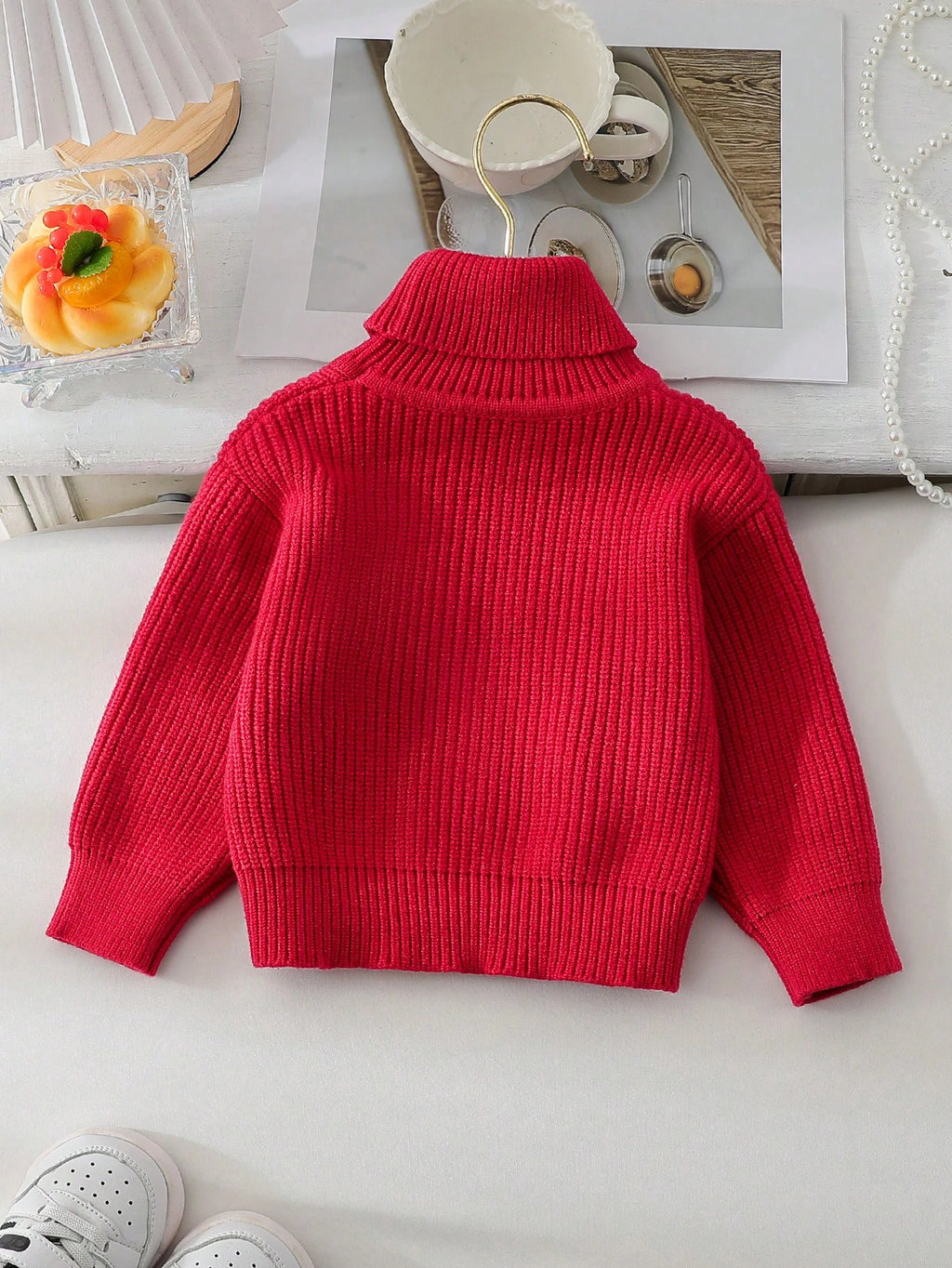 Baby Girls' Solid Color Turtleneck Knit Sweater Red