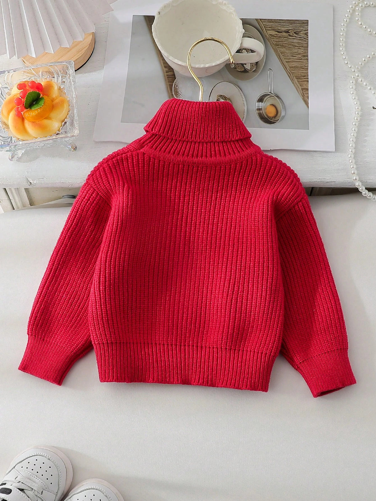 Baby Girls' Solid Color Turtleneck Knit Sweater Red