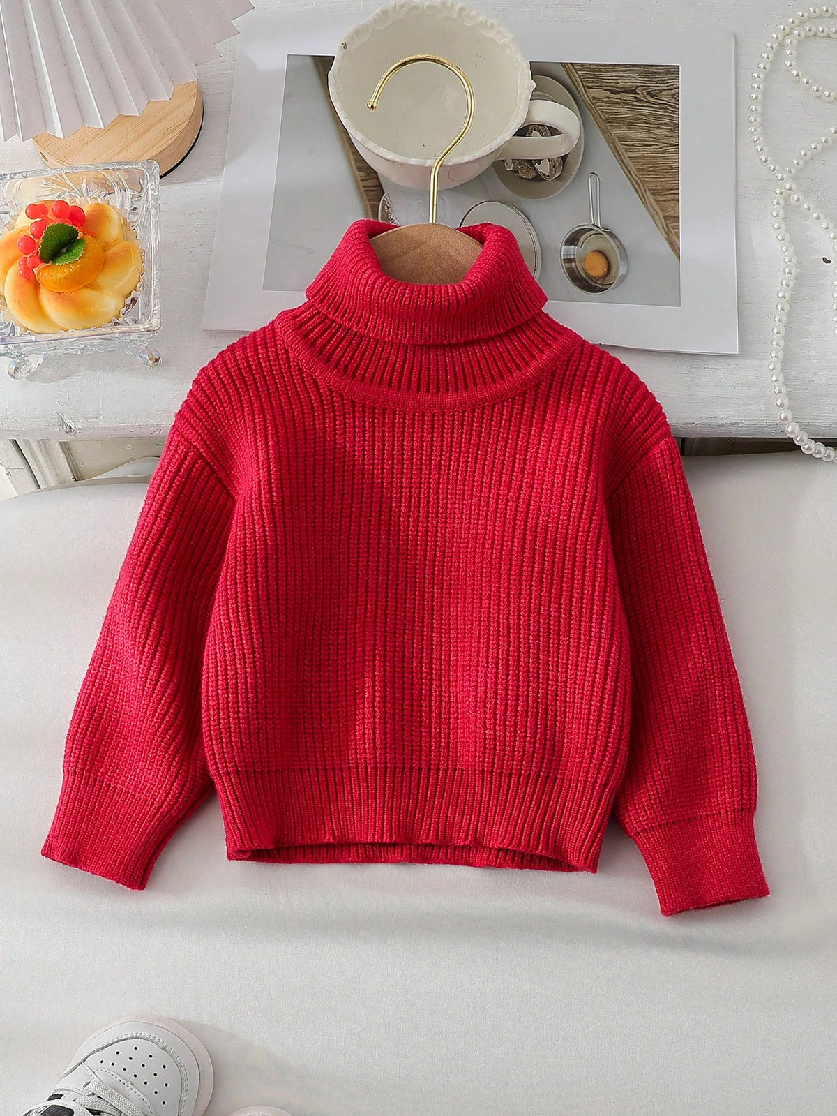 Baby Girls' Solid Color Turtleneck Knit Sweater Red