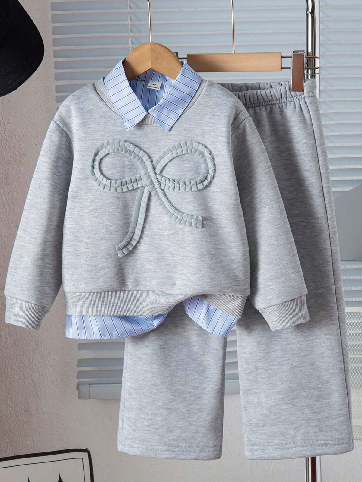 Young Girl Detachable Collar Top Wide Leg Pants 2 Piece Set