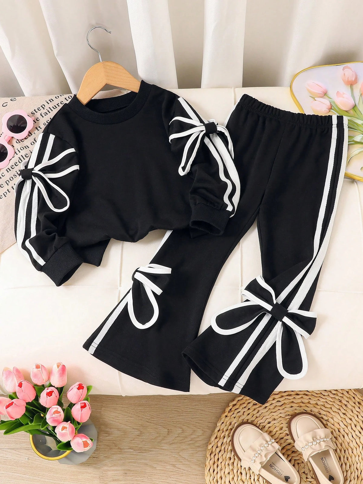 Tween Girl Striped Bow Decor Top Rib Flare Pant 2 Piece Set