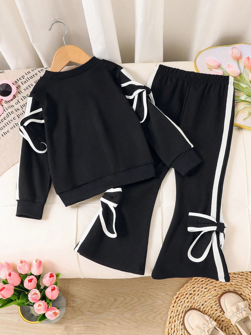 Ensemble 2 pièces pour fille : haut à rayures avec nœud et pantalon évasé côtelé