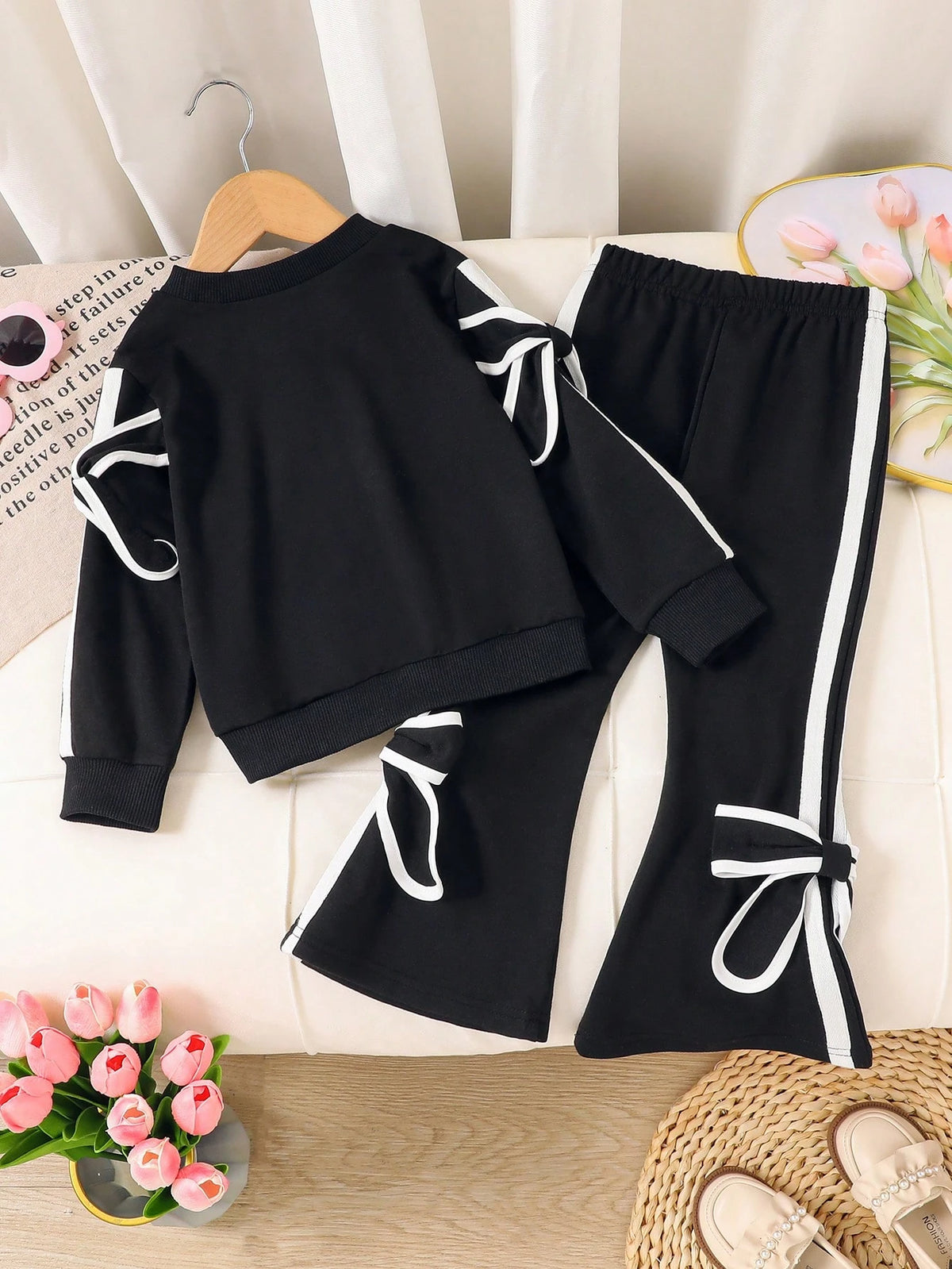 Tween Girl Striped Bow Decor Top Rib Flare Pant 2 Piece Set