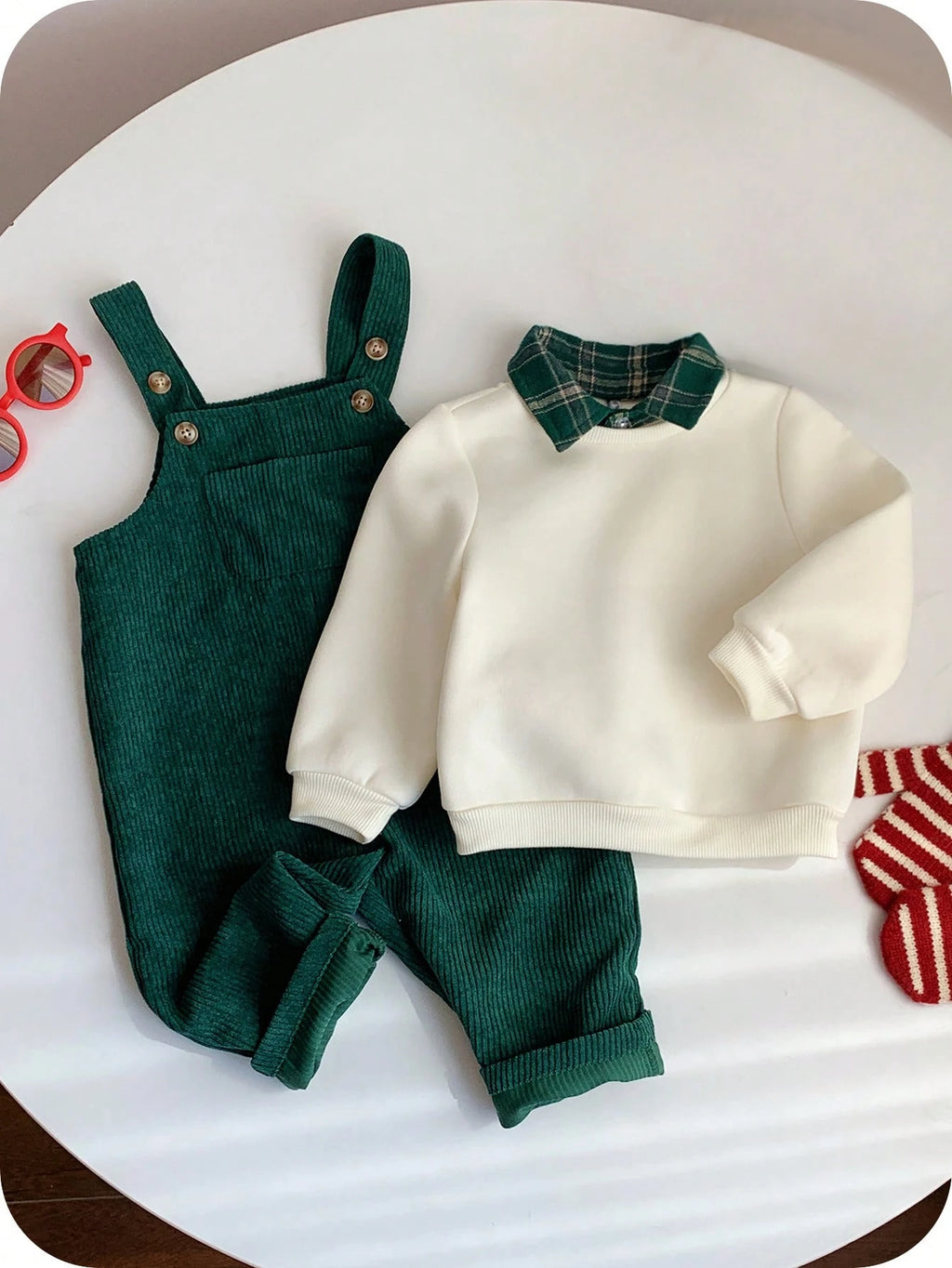 Ensemble sweat thermique et salopette en velours côtelé à carreaux pour bébé garçon